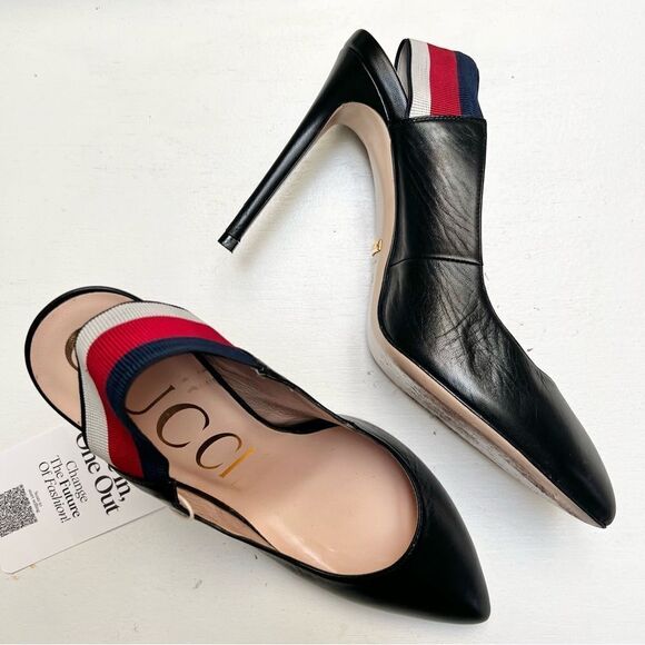 Gucci SYLVIE WEB LEATHER SLINGBACK HEELS PUMPS IN BLACK EU 38.5 EUC MSRP $795 - Picture 4 of 10